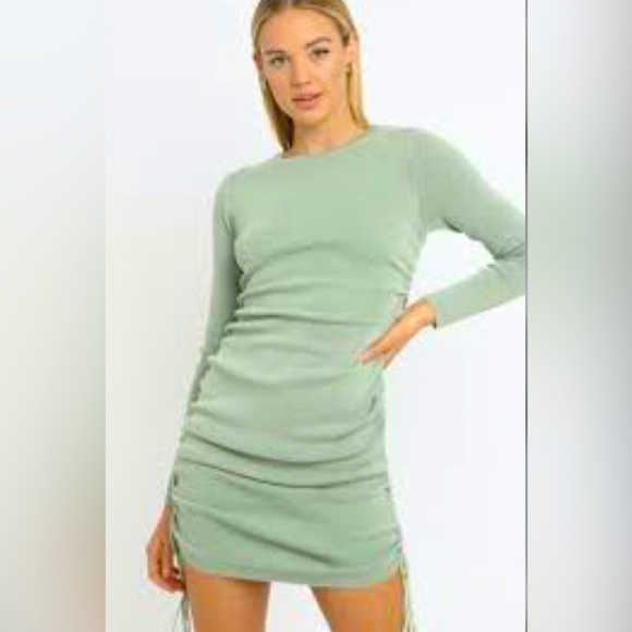 Lioness Military Minds Light Green Ruched Tie Side Ling Sleeve Stretch Dress NEW - Picture 4 of 16